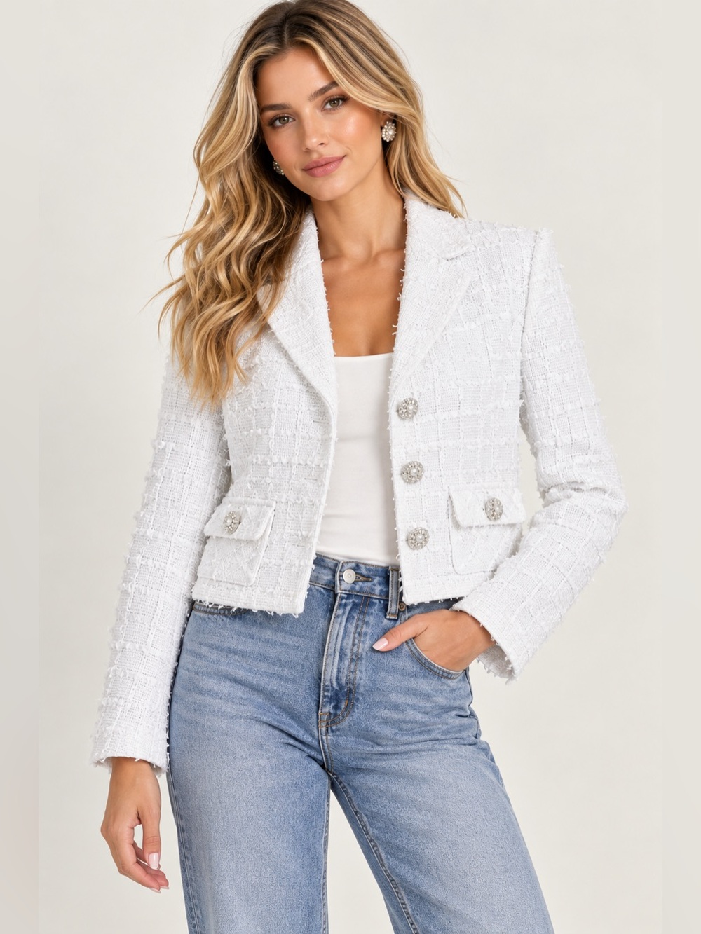 Cropped White Tweed Blazer Jacket with Gold Buttons